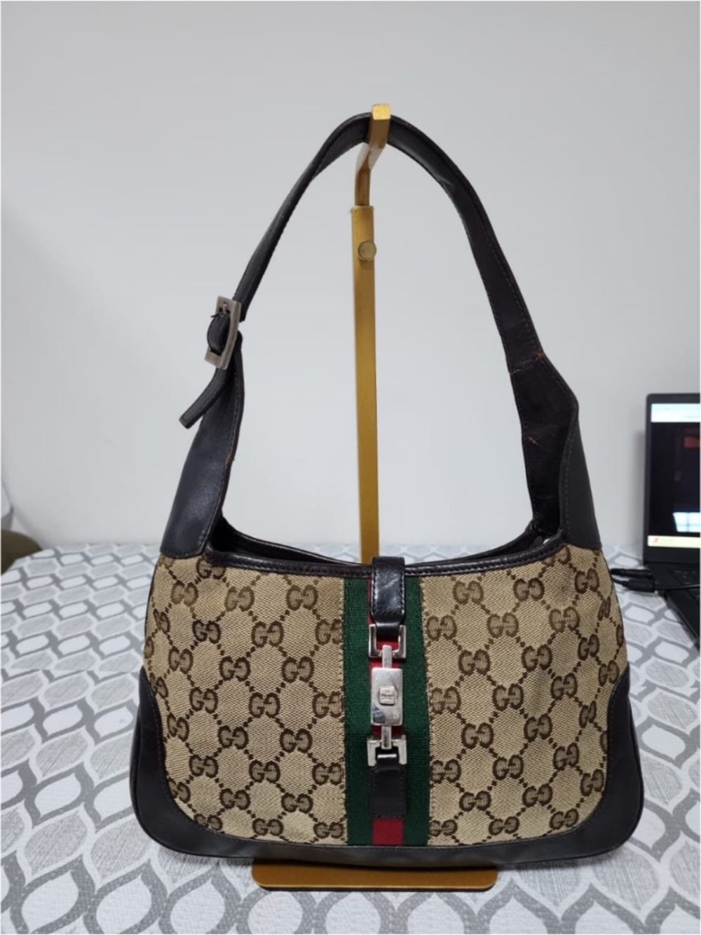 Authentic GUCCI GG Canvas Web Jackie O Bouvier Hobo Bag Brown/Beige